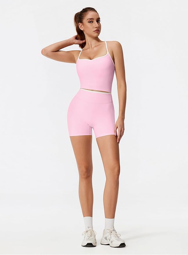 RXRXCOCO Color Block Workout Sets for Women 2 Piece Padded Strappy Tank Tops Hidden Scrunch Booty Shorts with Pockets