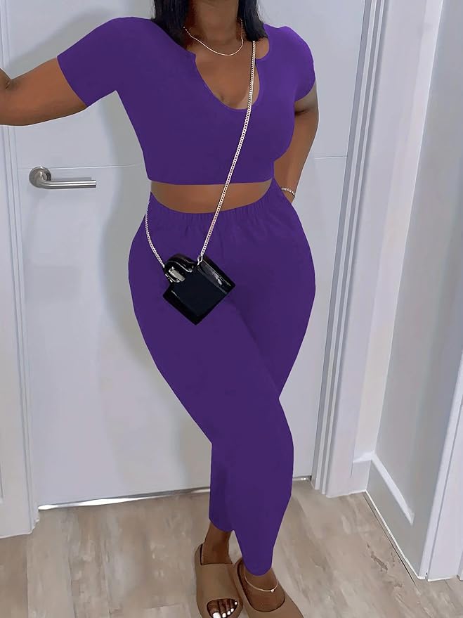 Nimsruc 2 Piece Sets For Women Sexy Casual Workout Crop Short Sleeve Long pants Leggings Sets Summer Active Wear