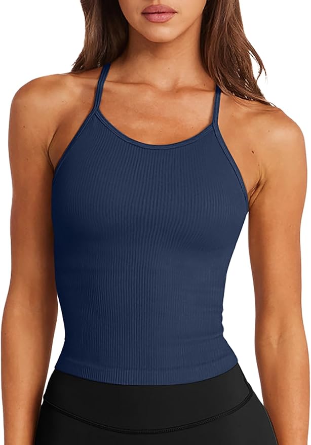 LASLULU Womens Sports Bra Seamless Long Crop Tank Racer Back Spaghetti Strap Workout Yoga Bra Padded Halter Neck Casual Tops