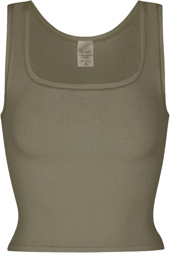 Danysu Women Rib Tank Top Padded Workout Top Square Neck Crop Tank Fitted Basic Cami Tops