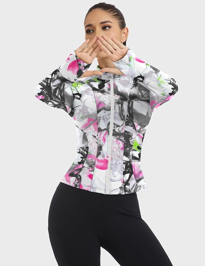 Loovoo Women's Workout Jacket Lightweight Zip Up Athletic Jackets Cropped Slim Fit Running Yoga Tops with Pockets