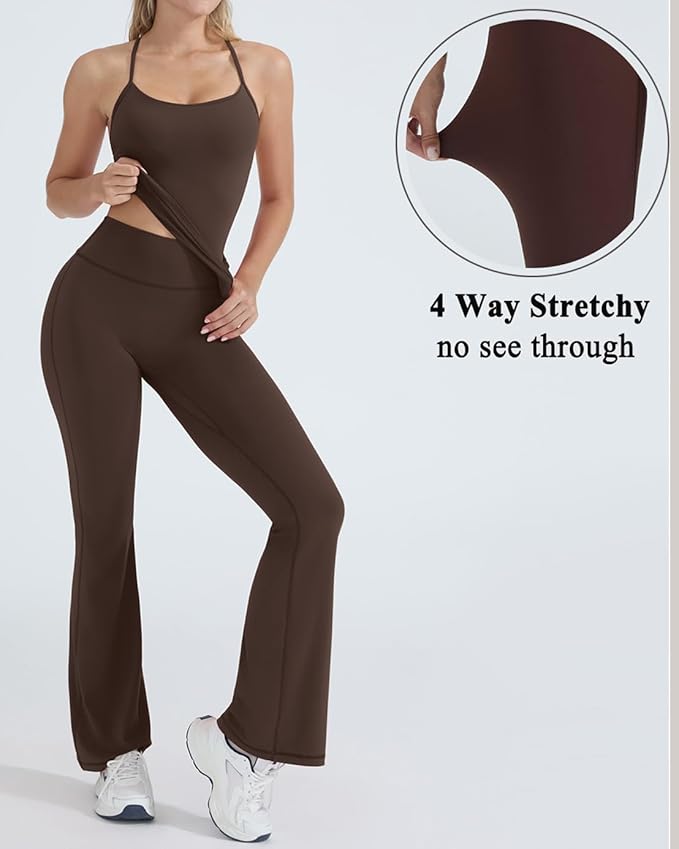 OMKAGI 2 Piece Workout Sets for Women Padded Tank Tops Flare Leggings Pilates Outfits