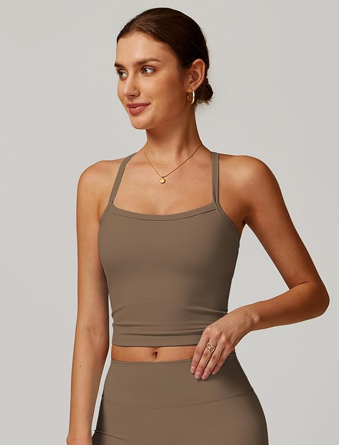 QBGJTD Womens Longline Sports Bras Cross Back Active Gym Yoga Padded Workout Crop Tank Top with Built in Bra