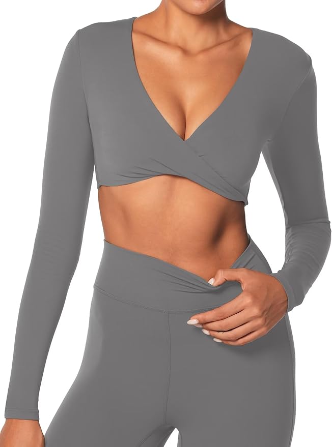 Sunzel Long Sleeve Workout Tops for Women Buttery Soft Deep V Twist Cropped Tops with Compression for Yoga Pilates Gym Outfit