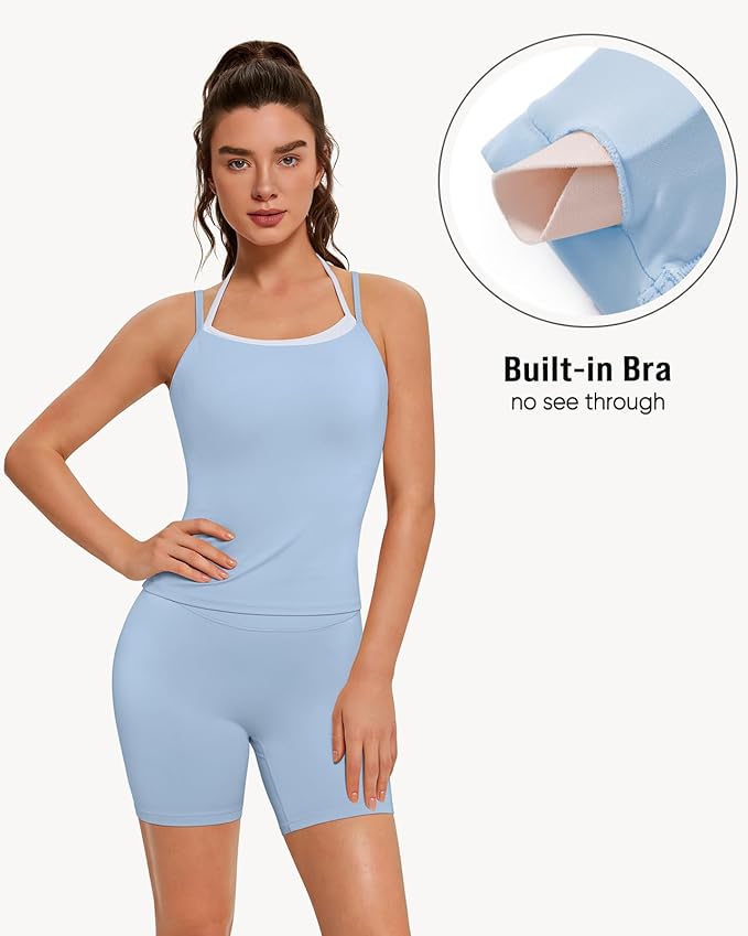 OMKAGI Halter Workout Tank Tops for Women Built in Bra Cute Layer Longline Sports Bras