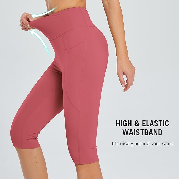 baleaf Women's Capri Leggings with Pockets High Waisted Knee Length Capris Stretch for Casual Yoga Pants Workout Exercise