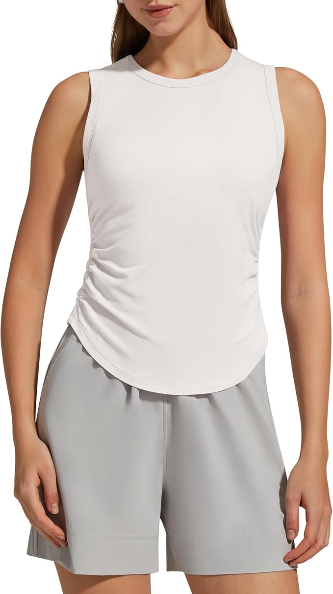 G4Free Lyocell Ruched Side Workout Tank Tops Woman High Neck Waist Length Gym Tanks Soft Relaxed Fit for Training