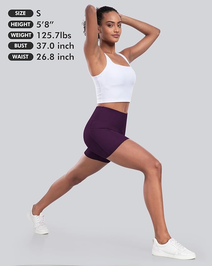CHRLEISURE Womens Biker Yoga Shorts with Pocket, High Waisted Tummy Control 5 Inch Workout Spandex Athletic Gym Shorts