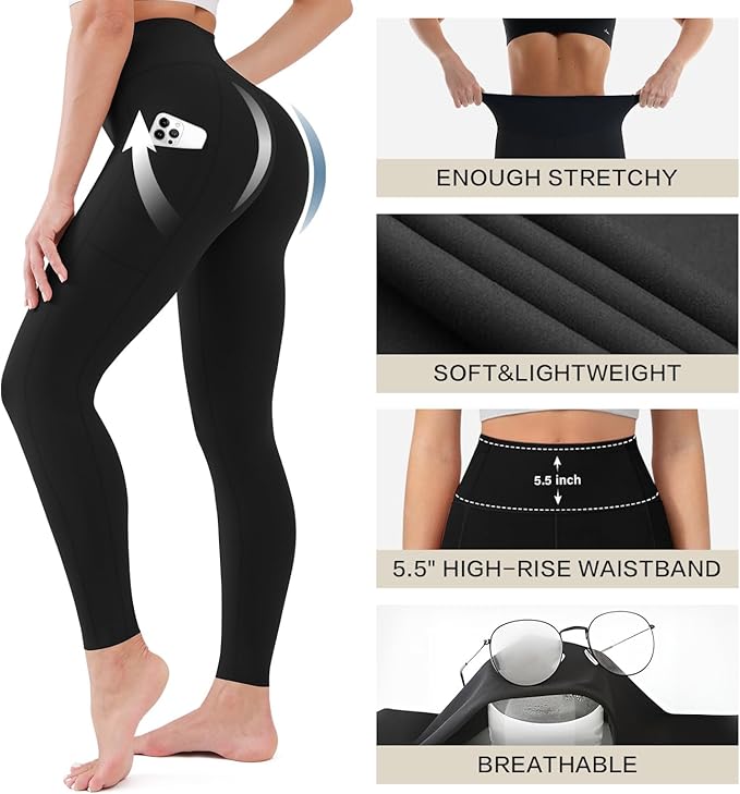 Blisset 3 Pack High Waisted Leggings for Women with Pockets Soft Active Tummy Control Pants for Yoga Running & Daily Wear