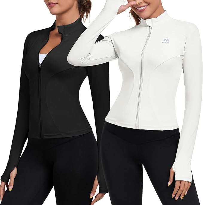 Women's Full Zip Workout Jacket Lightweight Running Slim Fit Athletic Jackets With Thumb Holes