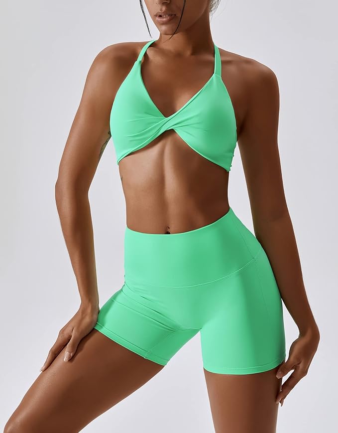 ABOCIW Workout Sets for Women 2 Piece Twist Front Halter Sports Bras High Waist Biker Shorts Exercise Gym Yoga Outfit