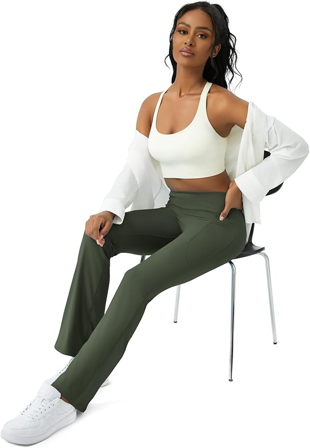 COPYLEAF Womens Yoga Pants with Pockets High Waisted Flare Leggings Bell Bottom Yoga Dress Pants Seamless Bootcut Pants