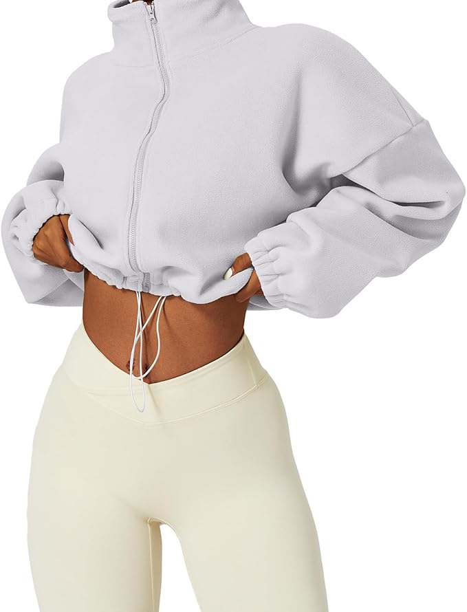 QINSEN Women's Full Zip Fleece Short Jacket Warm Winter Long Sleeve Stand Collar Sherpa Crop Coat