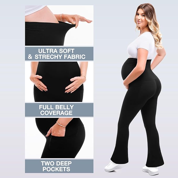 Leafigure Maternity Flare Leggings with Pockets Over The Belly Yoga Pants for Workout Soft Pregnancy Activewear
