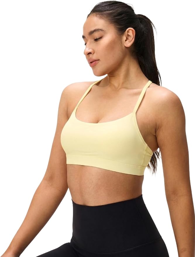 Womens Y Back Padded Sports Bra Strappy U Neck Butter Soft Low Impact Workout Bras Yoga Pilates Walking
