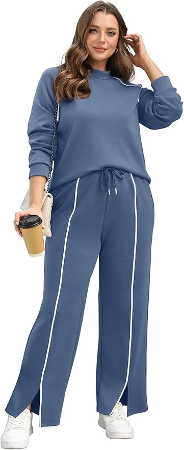 WIHOLL Lounge Sets for Women 2 Piece Fall Outfits 2025 Wide Leg Pant Matching Sets Womens Clothing