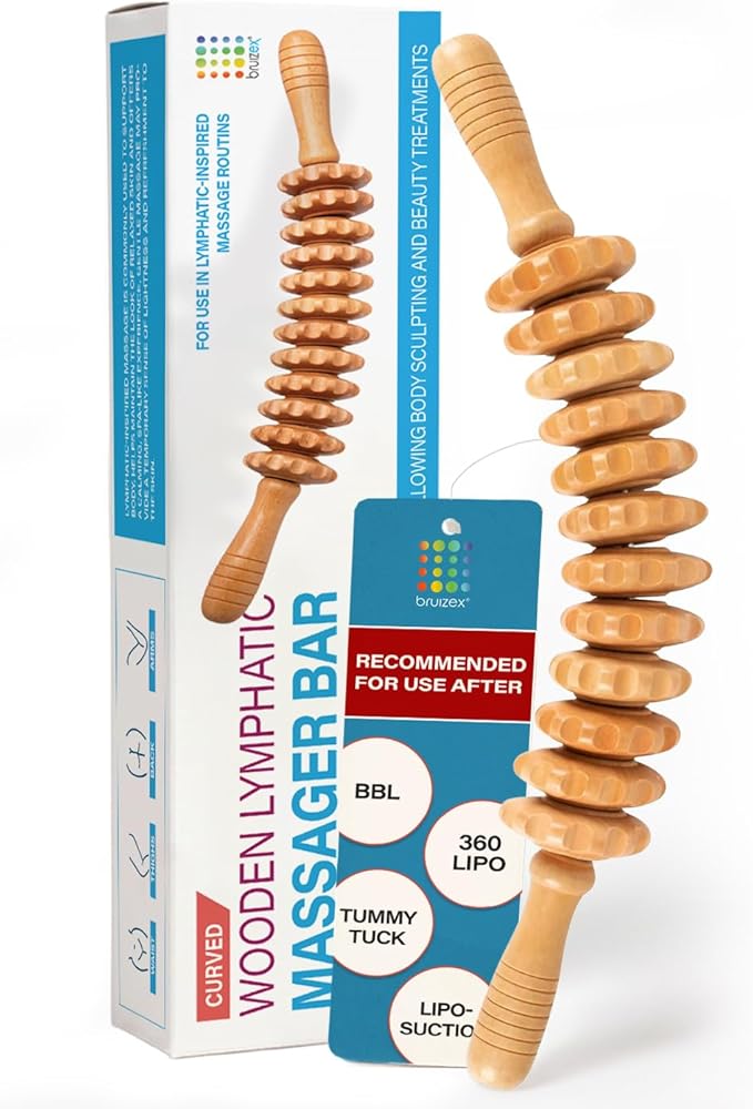 Bruizex Wood Therapy Massage Tool, Lymphatic Drainage Massage Roller Stick - Leg, Back & Thigh Muscle Roller for Post Liposuction & Fibrosis Treatment, 360 Lipo, Tummy Tuck & BBL, Lipo Foam
