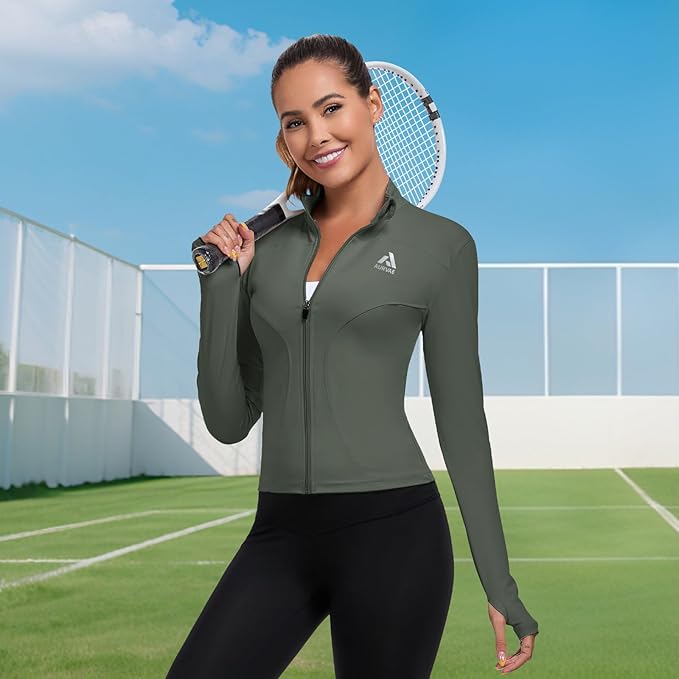 Women's Full Zip Workout Jacket Lightweight Running Slim Fit Athletic Jackets With Thumb Holes
