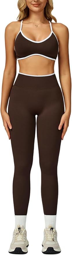 ABOCIW Womens 2 Piece Workout Sets Seamless Color Block Sports Bra Scrunch Butt Lifting High Waist Leggings Gym Set
