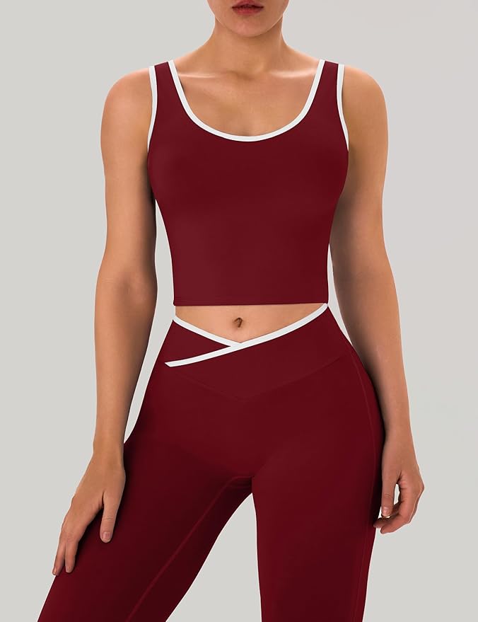 OLCHEE Womens Workout Sets 2 Piece Gym Yoga Outfits Crossover Flare Leggings Crop Tank Top with Contrast Trim