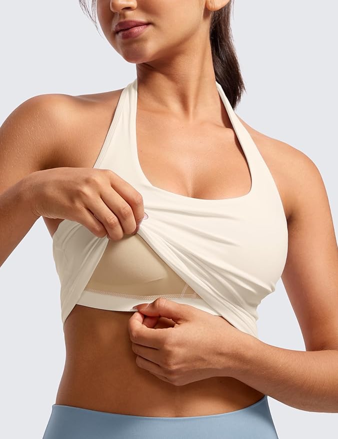 CRZ YOGA Butterluxe Halter Crop Tank Tops for Women - Open Back Padded Longline Sports Bras Workout Gym