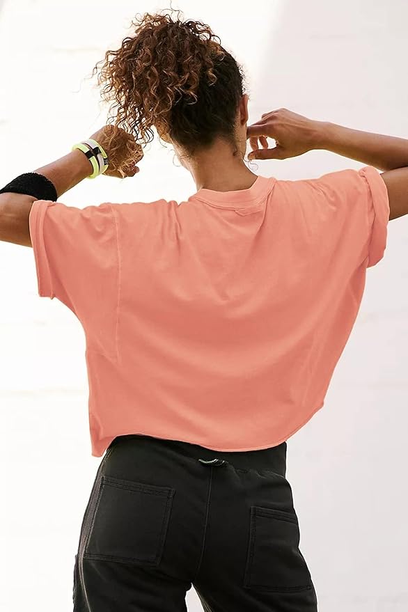 Women's Oversize Workout Crop Tops Casual Short Sleeve Drop Shoulder Boxy T-Shirts Roll Hem Basic Loose Yoga Running Tees