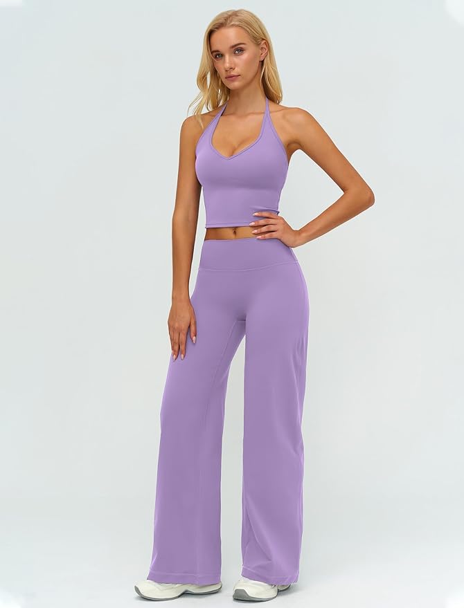 QBGJTD Womens Workout Sets Two Piece Spaghetti Straps Crop Top Matching Straight Leg Pants Gym Work Pilates Outfits