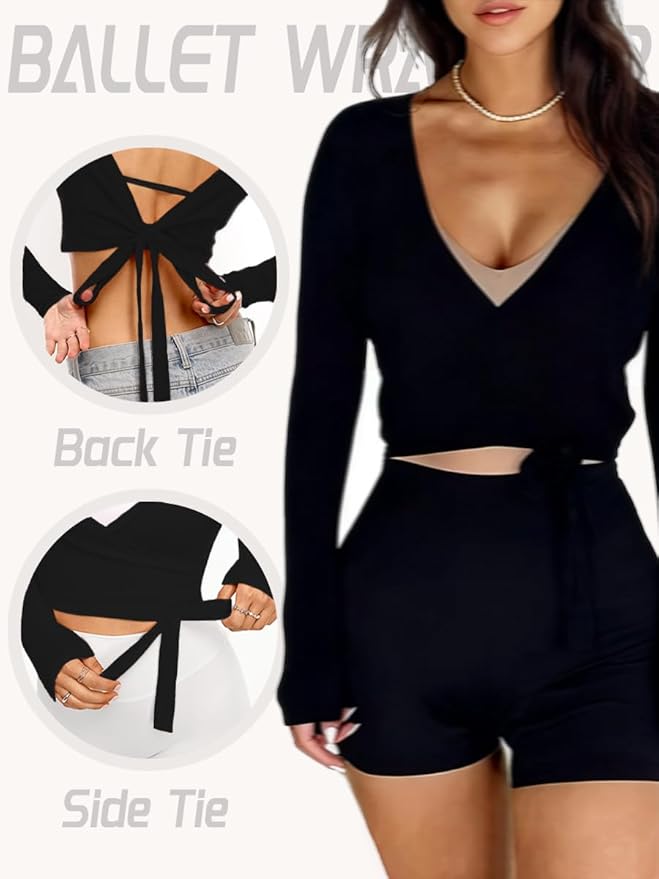 Danysu Ballet Wrap Tops Long Sleeve Cross Tie Crop Shirts Deep V-Neck Dance Clothes Fall Cardigans