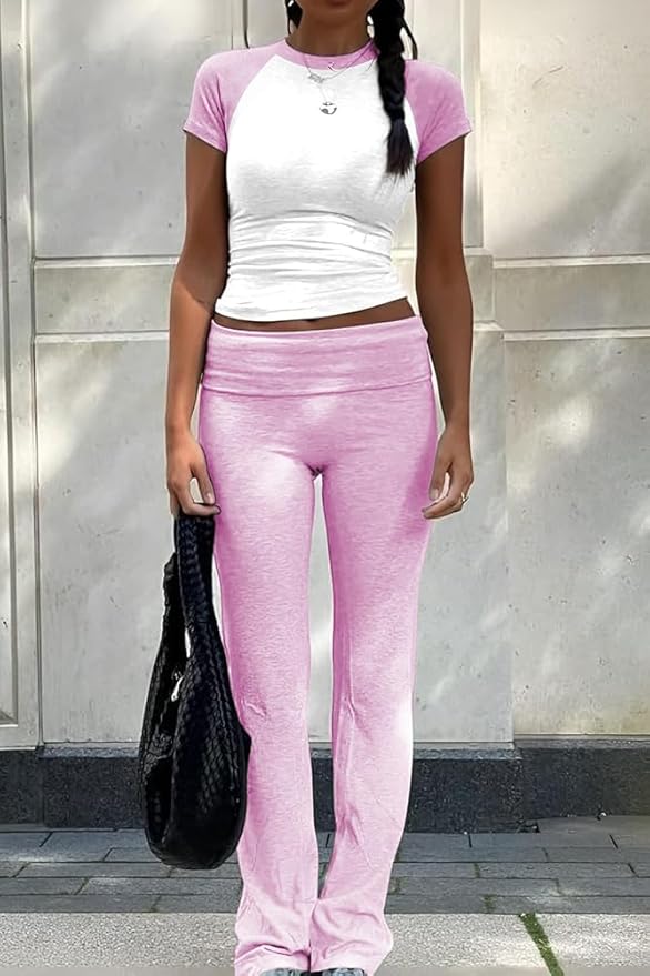 YETOWA Women's 2 Piece Lounge Outfits Slim Short Sleeve Tops Low Rise Flare Leggings Sets Yoga Sweatsuit
