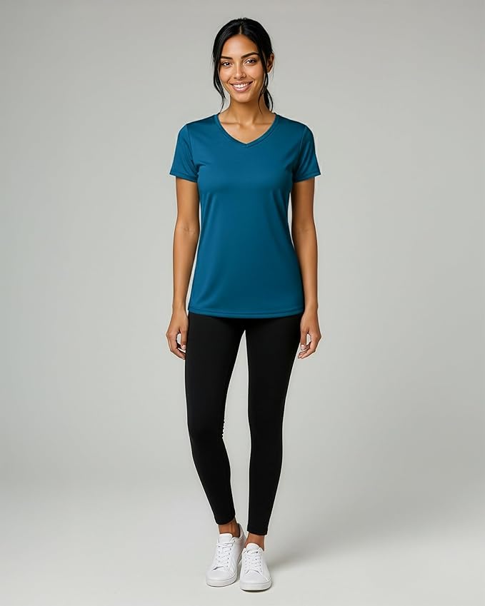 Real Essentials 5 Pack: Women's Dry-Fit Short Sleeve V Neck T Shirt Workout Fitness Yoga Top Tee (Available in Plus Size)