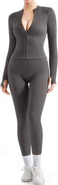 SUUKSESS Women 2 Piece Seamless Ribbed Workout Sets With Zip Up Jacket High Waisted Gym Yoga Leggings