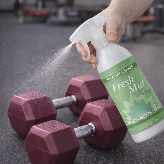 Fresh Mat Yoga Mat Cleaner Spray - Natural Deodorizing Cleaner for Yoga Mats & Fitness Equipment - No-Rinse, Residue-Free Formula with Witch Hazel & Essential Oil, Soothing Sage Cedarwood (24 fl oz).