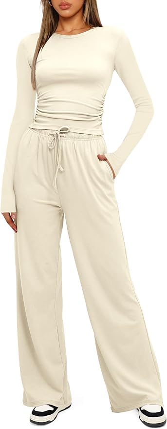 Darong Women's 2 Piece Outfits Lounge Sets 2026 Long Sleeve Tops Wide Leg Pants Casual Matching Set