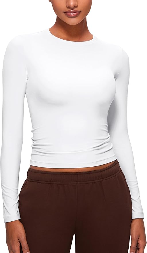 CRZ YOGA Softembrace Crewneck Long Sleeve Shirts for Women - Casual Going Out Tops Soft Basic Fitted Tight Fall T-Shirts