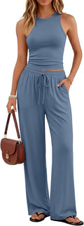 Trendy Queen Women's 2 Piece Summer Lounge Sets Butter Soft Tank Top & High Waisted Wide Leg Pants with Pockets