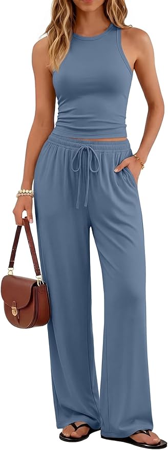 Trendy Queen Women's 2 Piece Summer Lounge Sets Butter Soft Tank Top & High Waisted Wide Leg Pants with Pockets