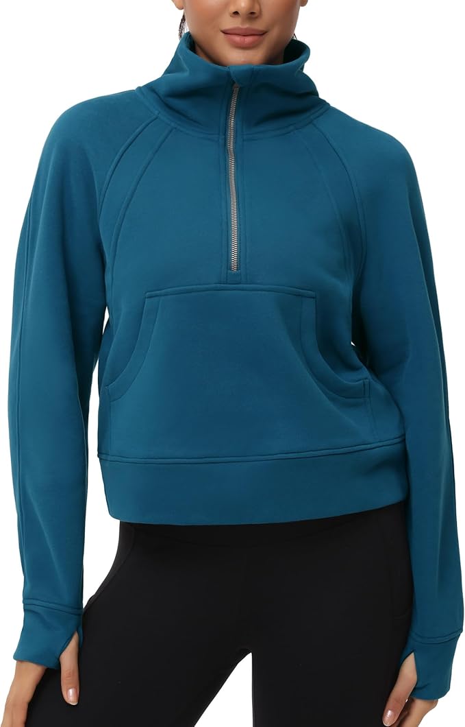 THE GYM PEOPLE Womens' Half Zip Pullover Fleece Stand Collar Crop Sweatshirt with Pockets Thumb Hole