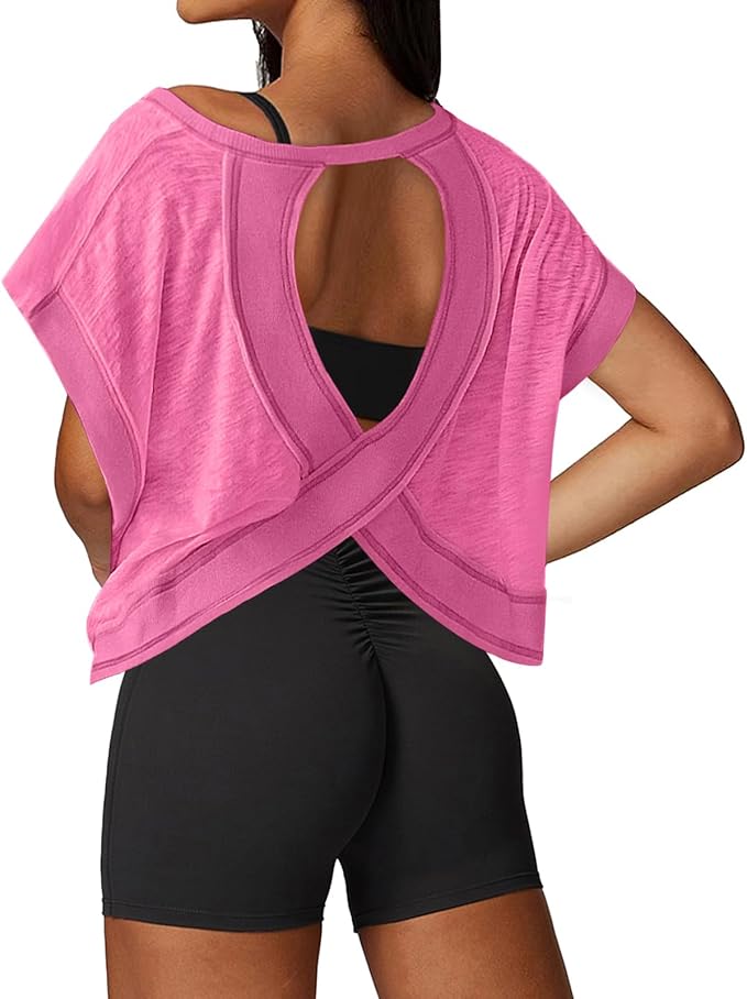UNIANKIYA Open Back Workout Tops for Women Loose Fit Athletic Crop Tee Short Sleeve Gym Running Yoga Shirt