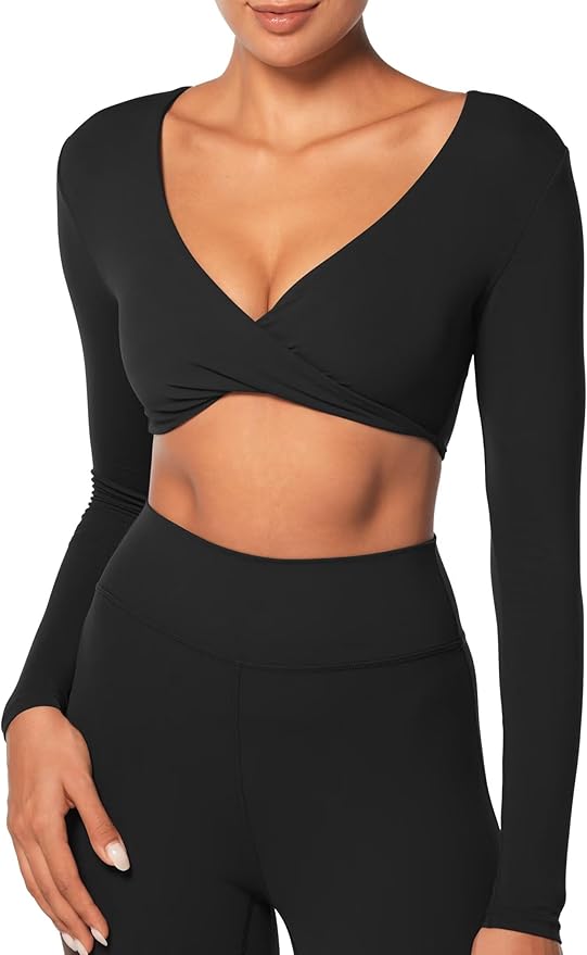 Sunzel Long Sleeve Workout Tops for Women Buttery Soft Deep V Twist Cropped Tops with Compression for Yoga Pilates Gym Outfit
