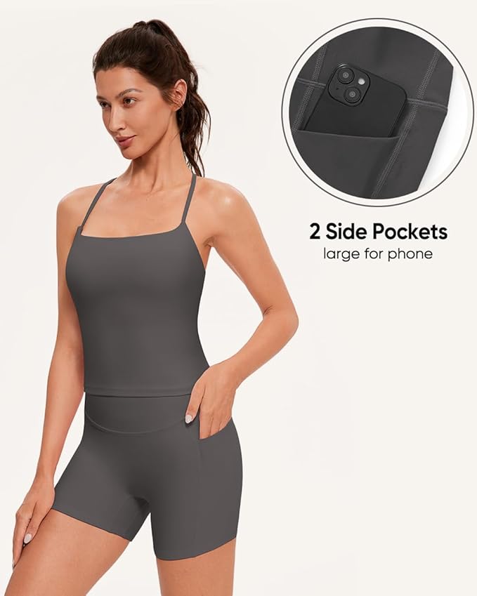 OMKAGI Workout Sets for Women Cute Spaghetti Strap Tank Tops Booty Shorts Outfits with Pockets