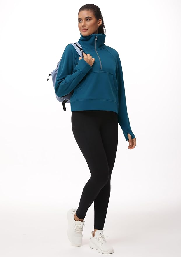 THE GYM PEOPLE Womens' Half Zip Pullover Fleece Stand Collar Crop Sweatshirt with Pockets Thumb Hole