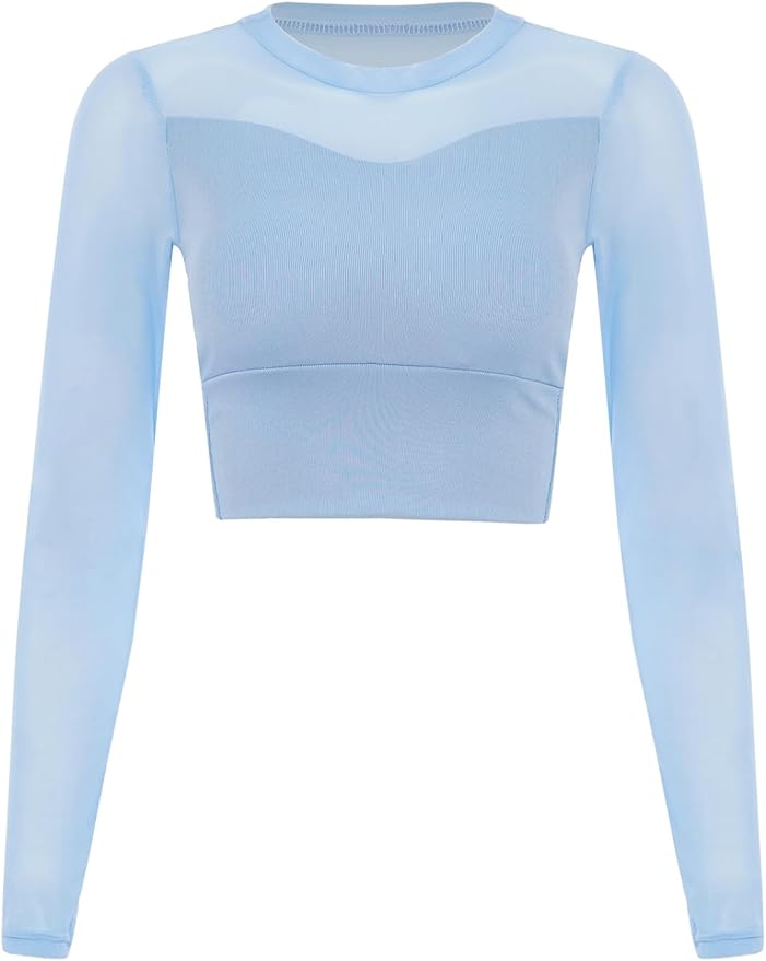 Womens Sheer Patchwork Yoga Shirt Long Sleeve Crew Neck Crop Top for Pilates Dance Workout