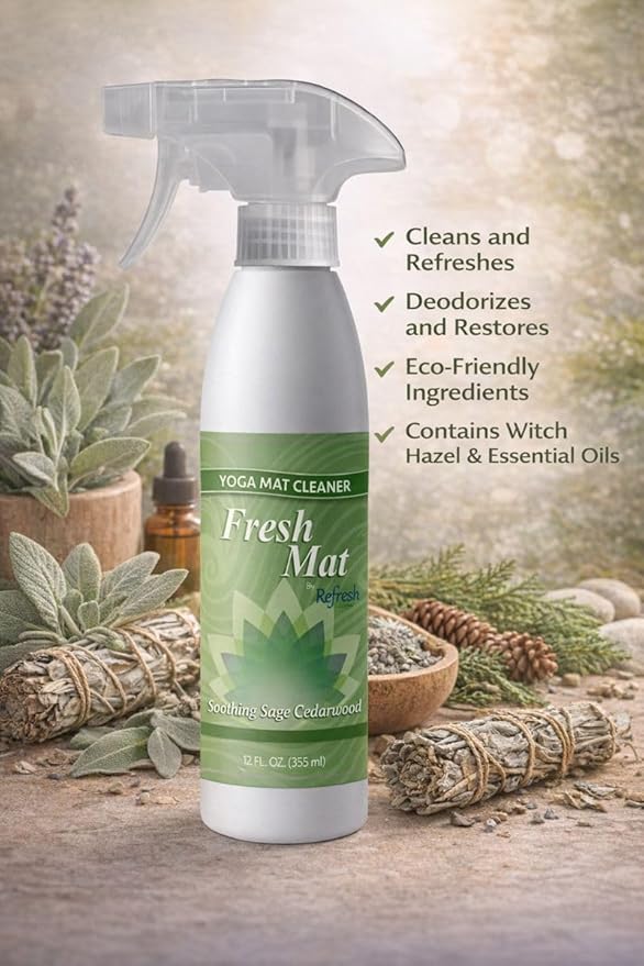 Fresh Mat Yoga Mat Cleaner Spray - Natural Deodorizing Cleaner for Yoga Mats & Fitness Equipment - No-Rinse, Residue-Free Formula with Witch Hazel & Essential Oil, Soothing Sage Cedarwood (12 fl oz).