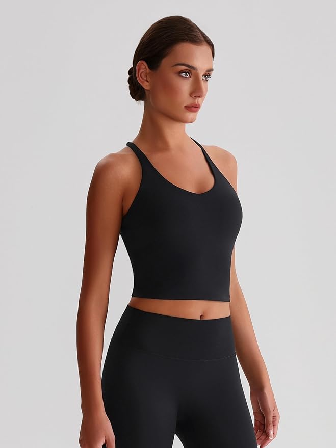ABOCIW Womens Cross Back Workout Crop Tank with Built in Bra V Neck Longline Sports Bra Gym Shirt Yoga Pilates Top
