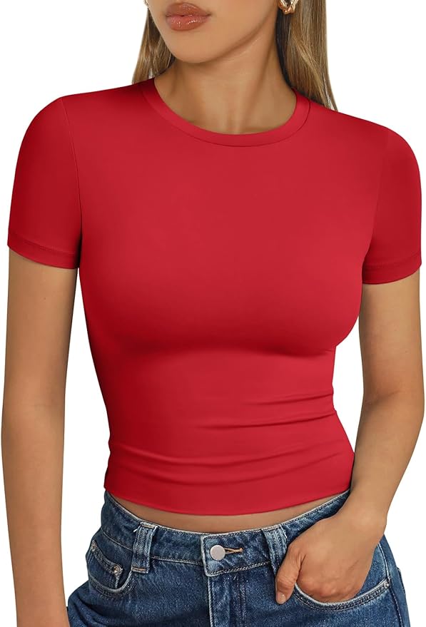 Trendy Queen Womens Short Sleeve T Shirts - Buttery Soft Summer Crop Tops Slim Fit Y2k Basic Tees for Workout