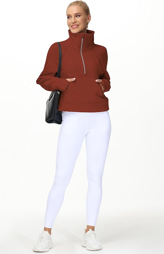 THE GYM PEOPLE Womens' Half Zip Pullover Fleece Stand Collar Crop Sweatshirt with Pockets Thumb Hole