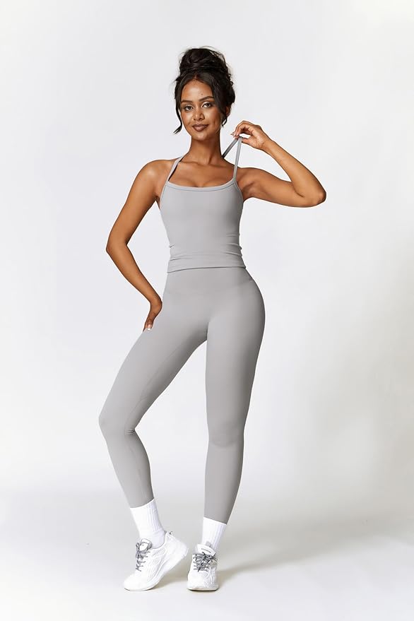 QBGJTD Womens Workout Sets Two Piece Cross Back Tank Top Matching High Waist Leggings Sets Gym Outfits Work Out Clothes