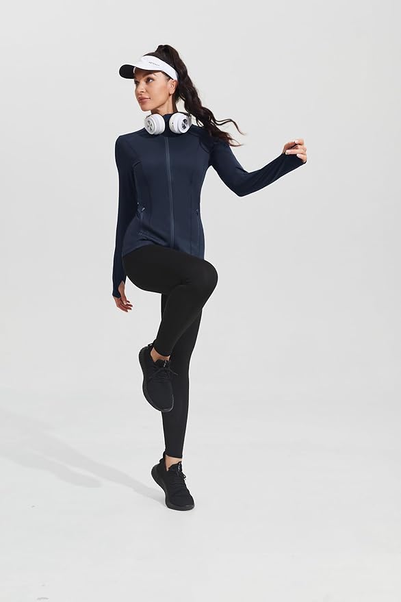 PINSPARK Women's Athletic Jackets Slim Fit Workout Jacket Full Zip Up Running Gym Yoga Sports Tops with Pockets
