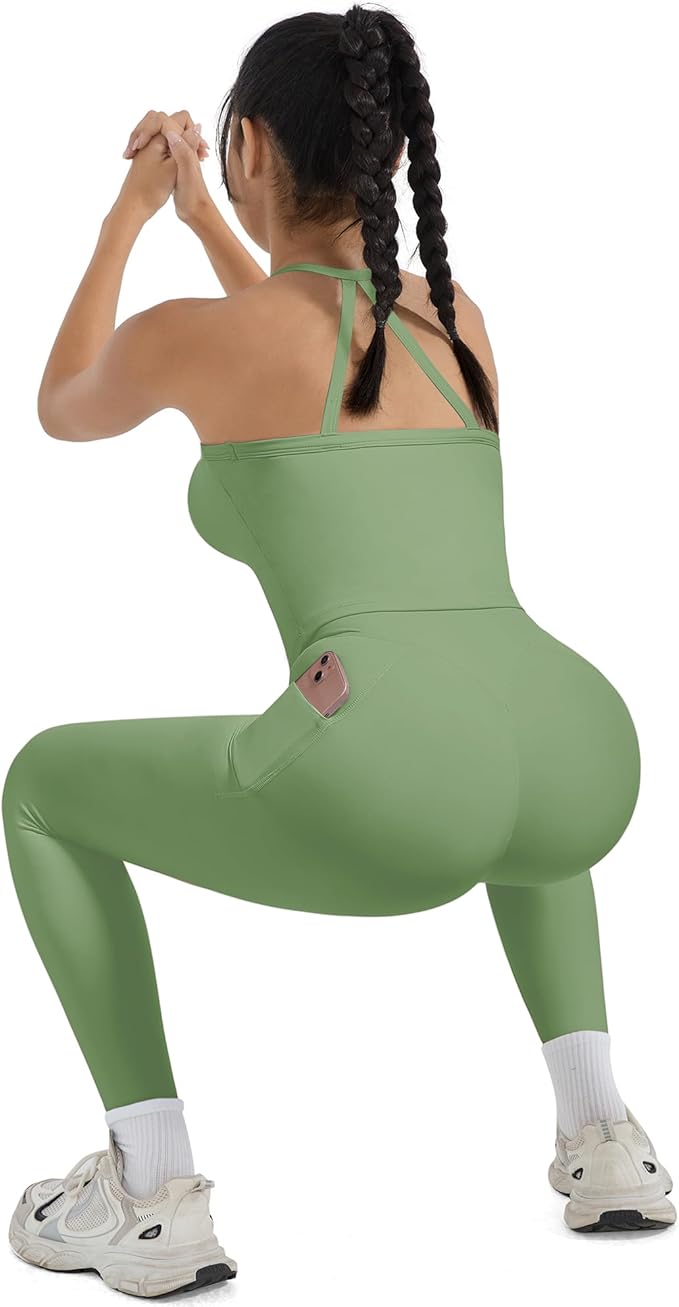 SUUKSESS Women 2 Piece Workout Sets Compression Tummy Control Leggings with Pockets Halter Built in Bra Tank Tops