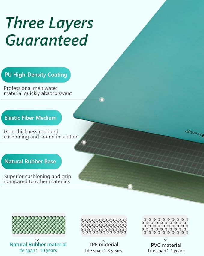 KEEP Rubber Yoga Mat - Professional Sweat Absorbent PU & Natural Rubber. Non Slip Workout Mats for Women & Men, 5mm Thick, 74"x26" Extra Long Wide Pad for Hot Yoga, Pilates, HIIT, Home Gym - Strap Included